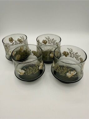 Set of 4 Libbey Floral Smoke Glass Tumblers